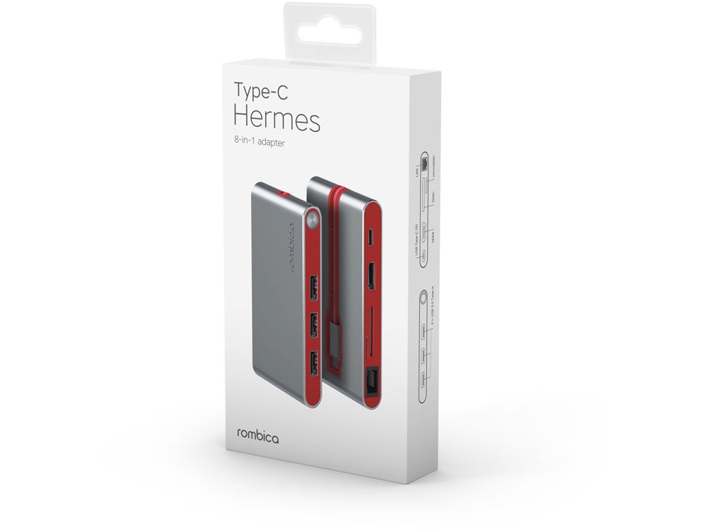 Хаб 8-в-1 Type-C «Hermes», USB 3.0 x 3, Type-C PD, HDMI, LAN, картридер